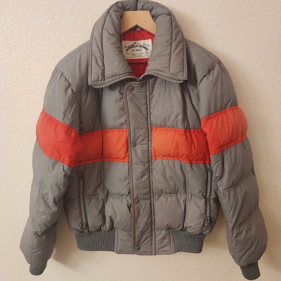 Powder Down Ski Wear Down Feathers Striped Puffer Jacket Mens sz Small - Picture 1 of 7